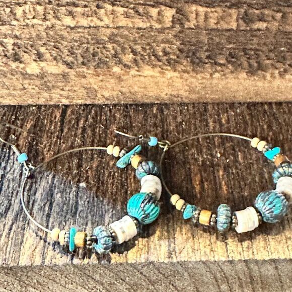 Handmade Western Hippie Copper Wire Turquoise Wooden Beads Drop Earrings, Gift - Picture 7 of 8